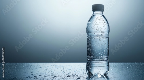 A bottle of water with condensation on it.