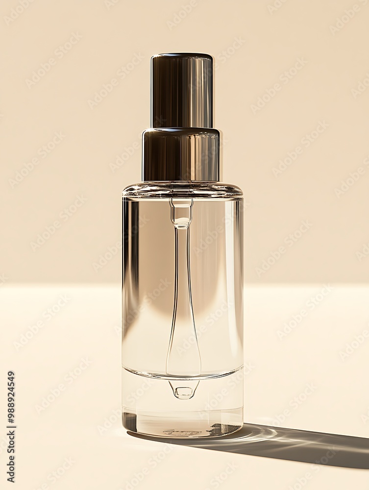 Minimalist image of a clear serum bottle with a metallic cap, standing on a gradient background shifting from light grey to white, emphasizing the clean and sleek design Minimalist image of a clear serum bottle with a metallic cap, standing on a gradient background shifting from light grey to white, emphasizing the clean and sleek design