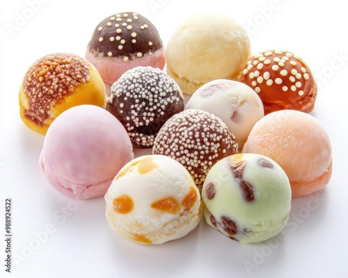 A colorful assortment of round, creamy ice cream balls coated with various toppings, offering a delightful treat for dessert lovers. photo