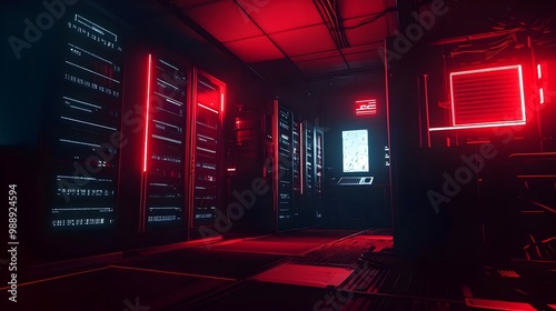 Dark Server Room with Wires and Cabinets photo