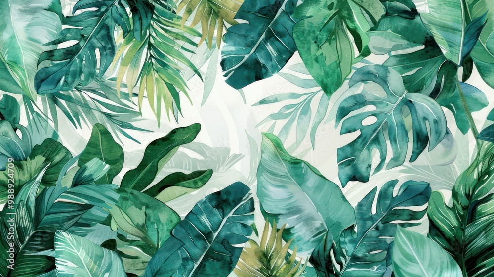 Modern watercolor mural wallpaper with overlapping monstera and banana leaves in various shades of green Modern watercolor mural wallpaper with overlapping monstera and banana leaves in various shades of green