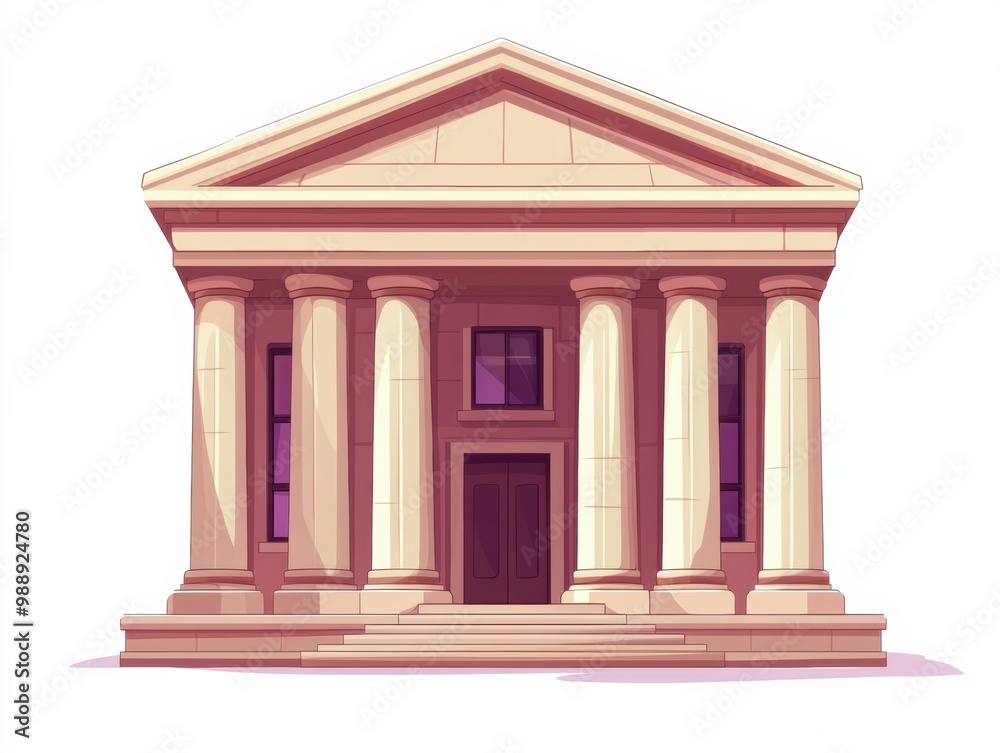 Classic Greek-style building with columns, isolated on white background.
