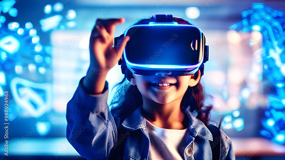School student with VR headset using AI artificial intelligence technology & machine learning.Interactive technology in classroom. Innovation & smart tech. AI blue hologram in education School student with VR headset using AI artificial intelligence technology & machine learning.Interactive technology in classroom. Innovation & smart tech. AI blue hologram in education