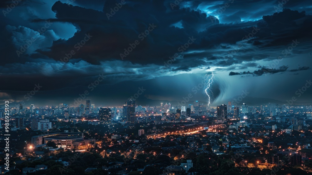 Obraz premium Lightning bolts striking near a city at night, with the skyline lit up by the storm