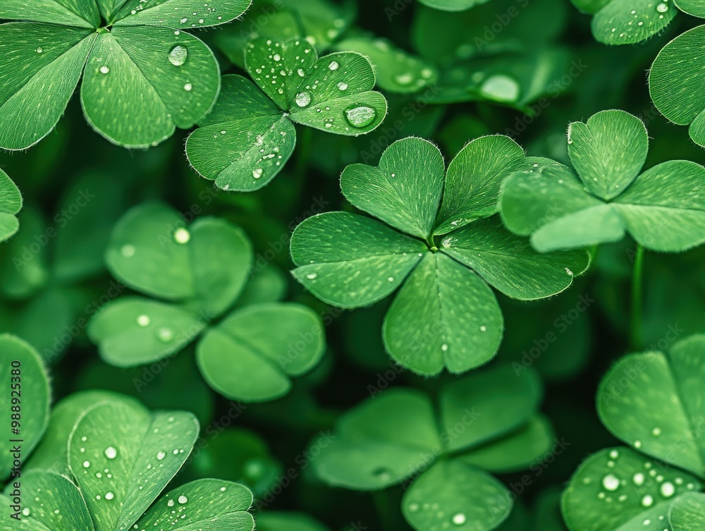 Close-up view of vibrant green clover leaves with dew drops. Close-up view of vibrant green clover leaves with dew drops.
