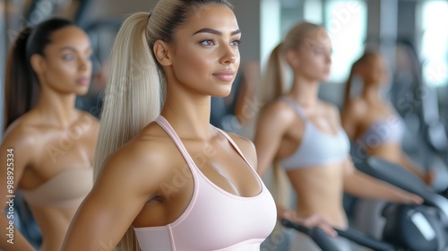 A group of women in gym clothes on treadmills, AI