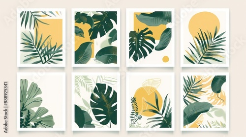Set of 6 prints featuring abstract tropical plants in green, beige, and yellow tones, with a boho decor style and botanical elements like monstera leaves.