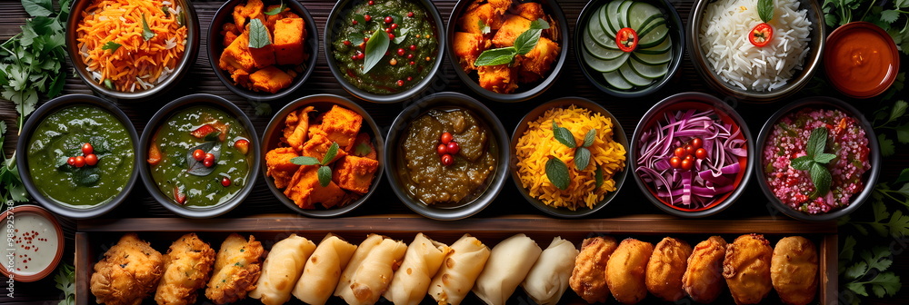 Fototapeta premium Indian traditional festive dishes in bowls and spices on dark surface, wide assortment of meal. Banner, top view. Indian festival setting. Concept of gourmet cultural celebration