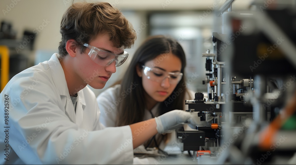 Young Scientists in Lab Coats Working with Precision Equipment Young Scientists in Lab Coats Working with Precision Equipment