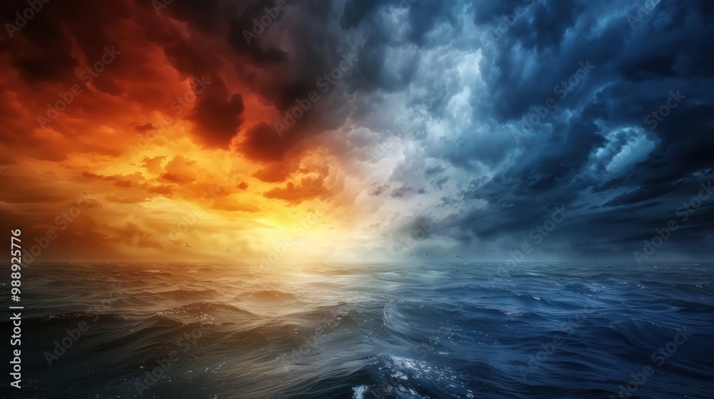 Dark and bright sky meeting at the horizon, illustrating the power of storm and sun Dark and bright sky meeting at the horizon, illustrating the power of storm and sun