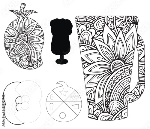 Set of vector illustrations in hand drawn style. Coloring poster with fruits.