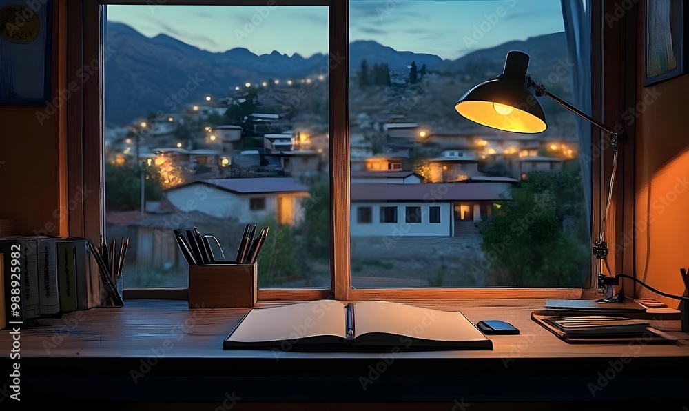 Fototapeta premium Cozy Desk Setup with Open Notebook and Lamp