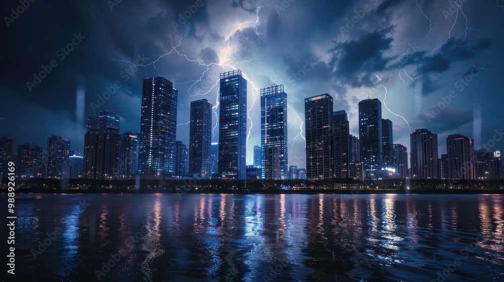 Fototapeta premium City under lightning, with skyscrapers reflecting the bright flashes of the storm