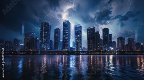 City under lightning, with skyscrapers reflecting the bright flashes of the storm