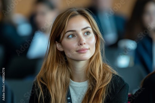 Female entrepreneur talks to colleague while attending business seminar at conference hall, Generative AI