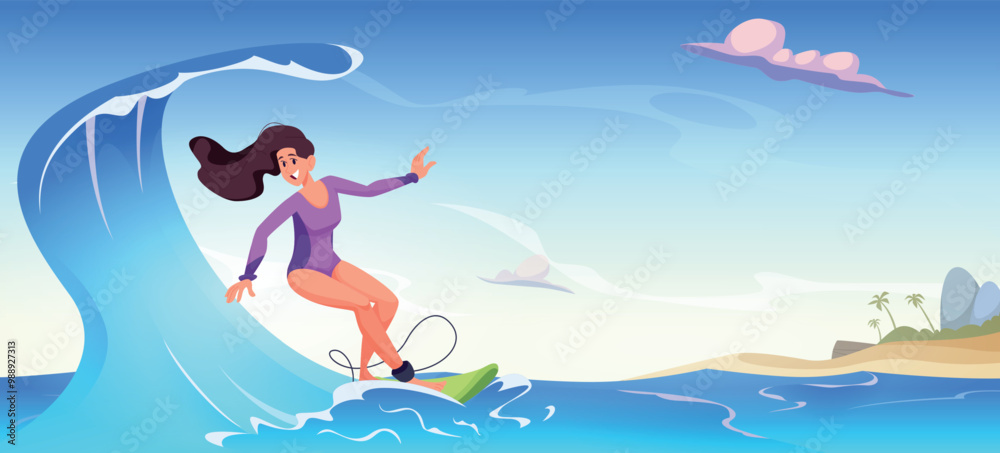 Surfing. Girl in ocean on surfboard extreme watersport exact vector cartoon background Surfing. Girl in ocean on surfboard extreme watersport exact vector cartoon background