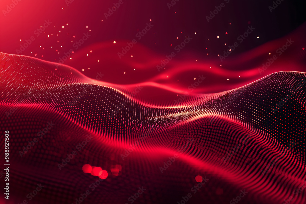 Abstract red gradient hologram dynamic wave of particles. Digital wallpaper technology background