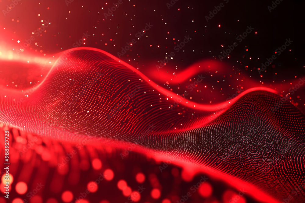 Abstract red gradient hologram dynamic wave of particles. Digital wallpaper technology background