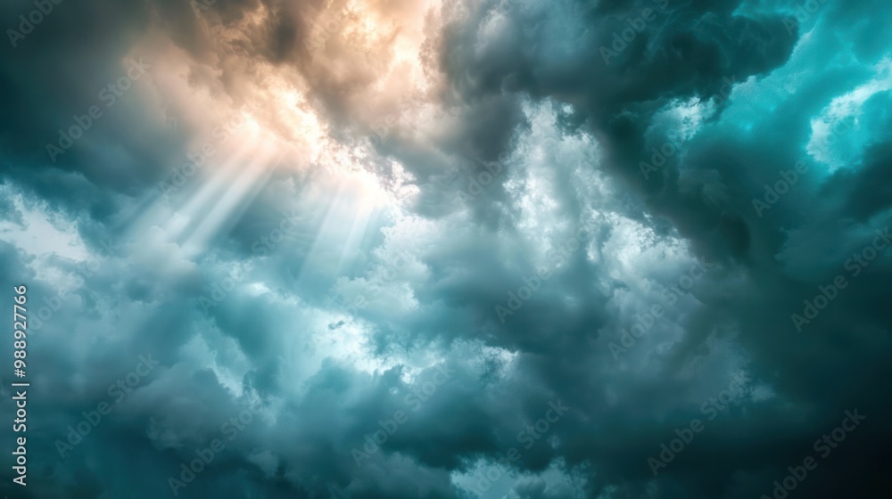 Obraz premium Amazing sky with a mix of dark storm clouds and rays of sunlight breaking through