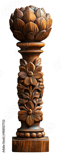 A beautifully carved wooden pillar showcasing intricate floral designs and a lotus-shaped top