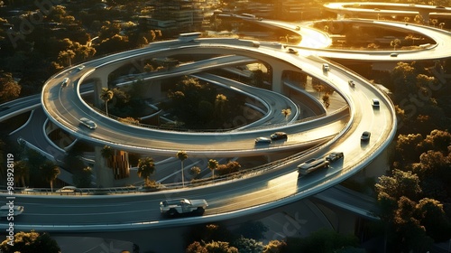 Aerial top view of smart modern transportation with Expressway, Road and Roundabout, busy highway traffic night time. Communication network and traffic light on highway .Concept of smart city network, photo