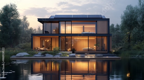 Futuristic cube home with floating stairs leading to an open-air rooftop terrace, sharp angles, white facade, surrounded by mountains