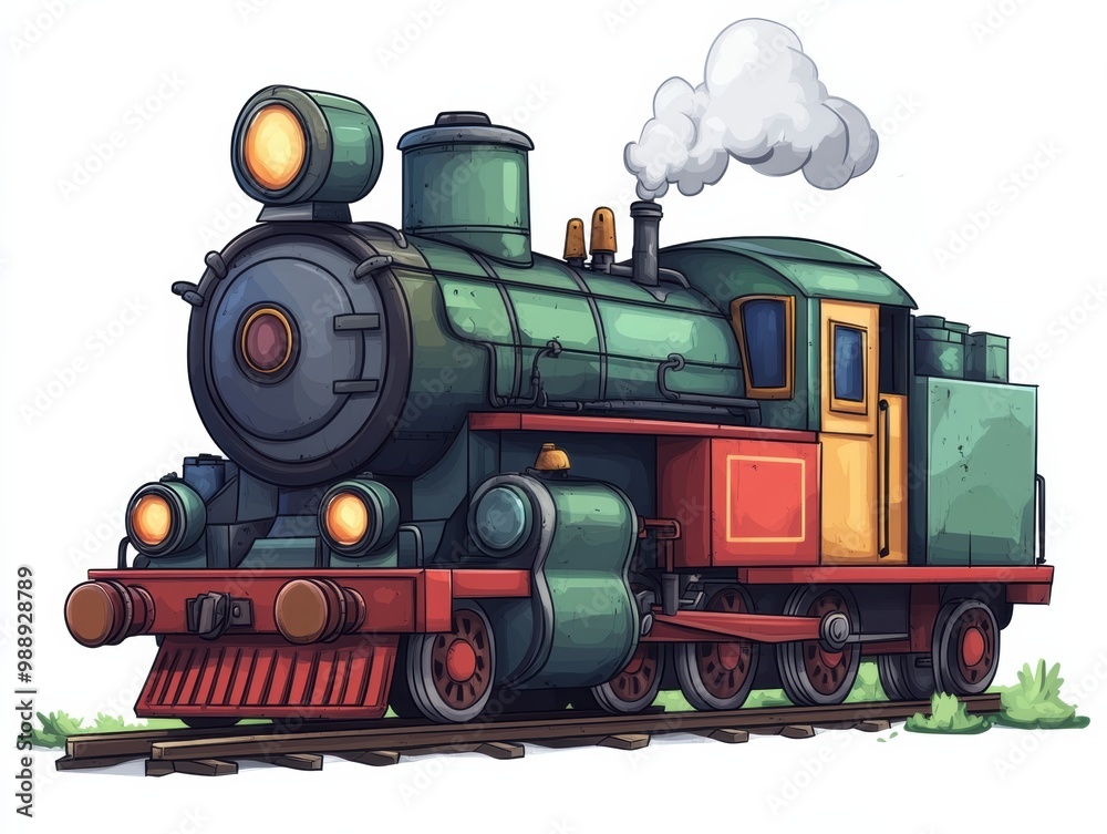 Fototapeta premium Colorful cartoon steam locomotive, white isolate background