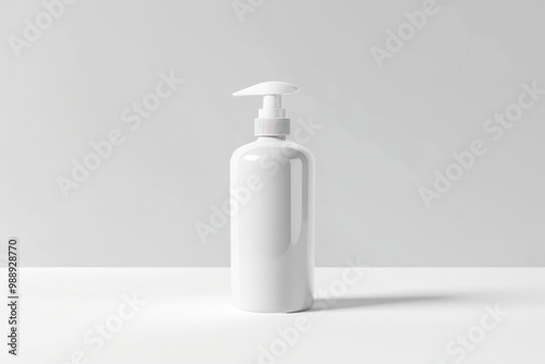 Mockup white bottle with dispenser for cleanser, soap on a white background. Packaging of cosmetic products. Copy space.