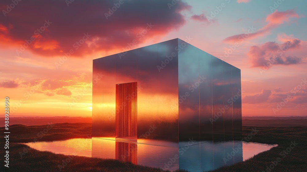 Futuristic cube home with wood and metal panels, vibrant sunset, reflective metal, soft shadows, 3D architectural render, detailed textures Futuristic cube home with wood and metal panels, vibrant sunset, reflective metal, soft shadows, 3D architectural render, detailed textures