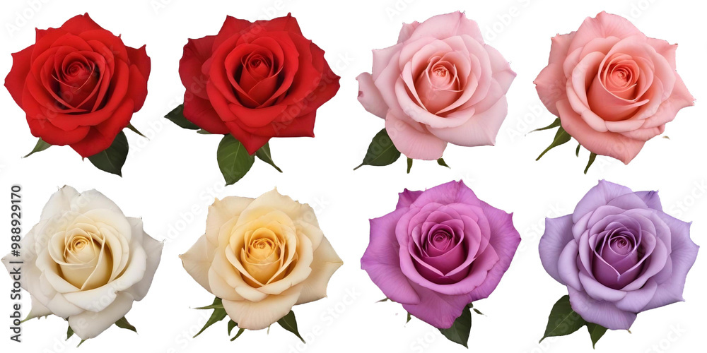 Four roses of different colors - red, pink, yellow, and purple with Transparent Background Four roses of different colors - red, pink, yellow, and purple with Transparent Background