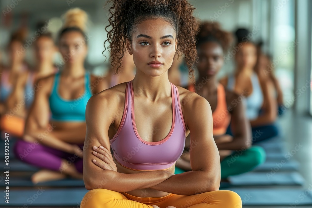 Multi-ethnic group of athletic women doing stretching exercise on Yoga class at health club, Generative AI Multi-ethnic group of athletic women doing stretching exercise on Yoga class at health club, Generative AI