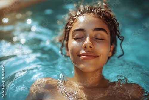 Young happy woman relaxing with eyes closed in swimming pool, Generative AI