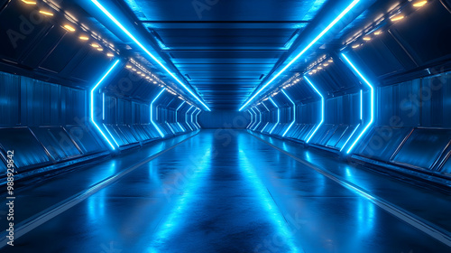 Futuristic 3D Tunnel with Blue Neon Lights and Reflective Floor