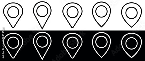 Collection of outline Minimalist Pin Location Icons. Vector illustration isolated on black and white background.