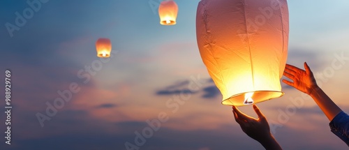 Hands release glowing lanterns into the twilight sky, creating a serene and magical atmosphere as they float gracefully upwards. photo