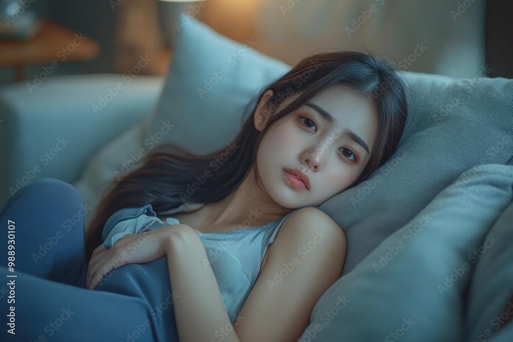 Young Asian woman suffers from stomachache while lying down on sofa at home, Generative AI Young Asian woman suffers from stomachache while lying down on sofa at home, Generative AI