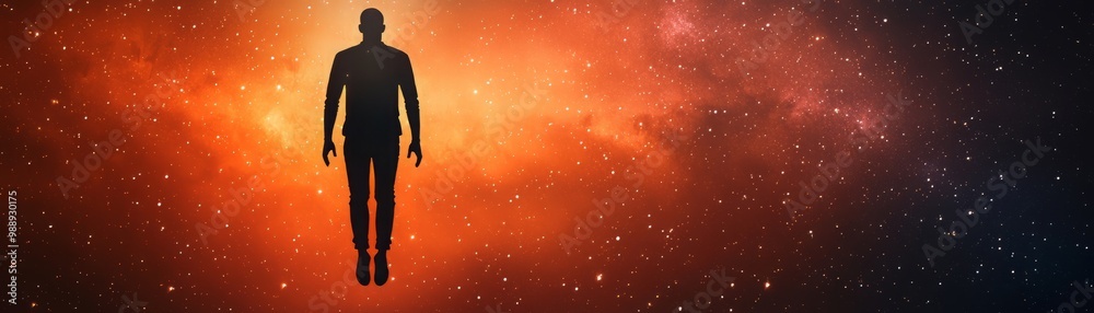 A solitary figure standing in a cosmic setting, radiating mystery and contemplation amidst a vibrant universe. A solitary figure standing in a cosmic setting, radiating mystery and contemplation amidst a vibrant universe.