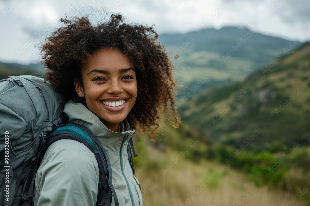 Happy black female hiker enjoys in walk in mountains, Generative AI Happy black female hiker enjoys in walk in mountains, Generative AI