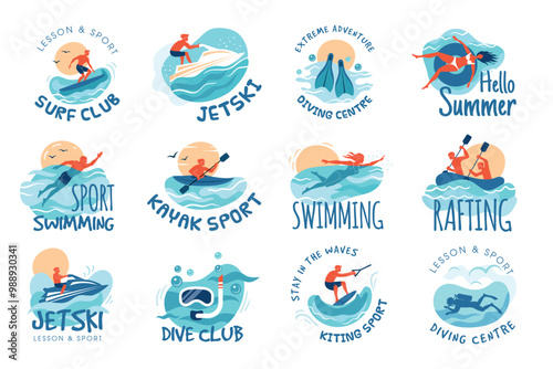 Water sport. Badges of water activities diving rafting surfing spend time and relax on sea recent vector template
