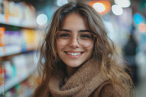 Happy woman buying in pharmacy and looking at camera, Generative AI