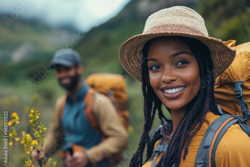 Black woman and her boyfriend hiking in mountains, Generative AI