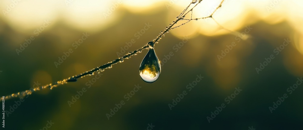 A close-up of a dew drop hanging from a thin twig, illuminated by soft morning light, creating a serene and tranquil nature scene.