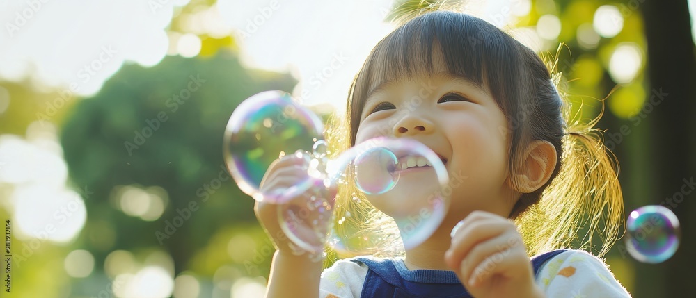 A joyful child plays with bubbles, laughing in a sunlit park, capturing the essence of childhood wonder and delight. A joyful child plays with bubbles, laughing in a sunlit park, capturing the essence of childhood wonder and delight.