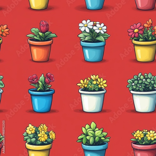 Colorful flower pots arranged in a vibrant pattern on a red background.