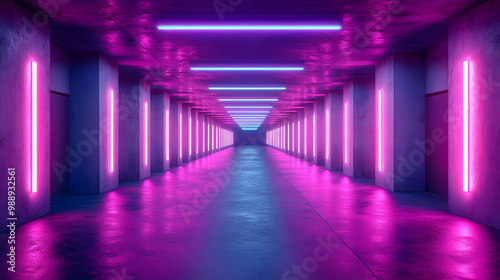 Neon Lights in an Empty Hallway 3D Illustration