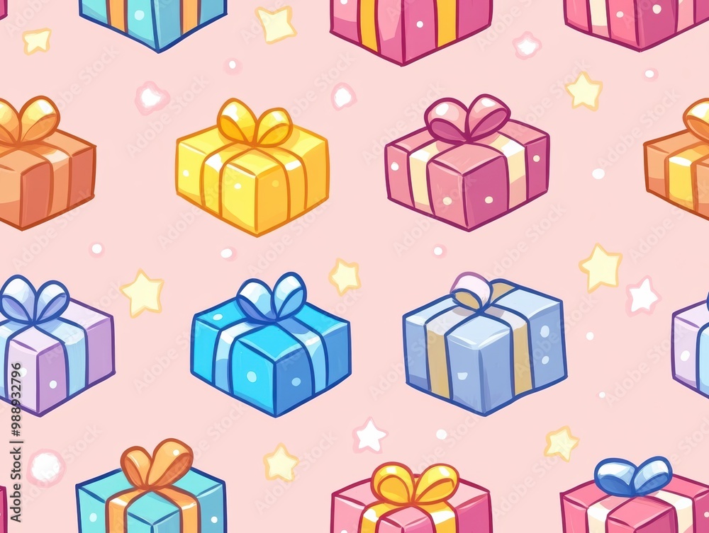 Colorful gift boxes pattern on a soft pink background with stars. Colorful gift boxes pattern on a soft pink background with stars.