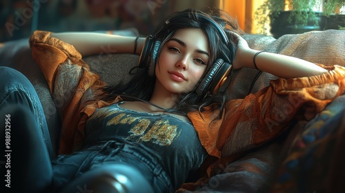 A woman is comfortably laying on a couch while wearing headphones photo