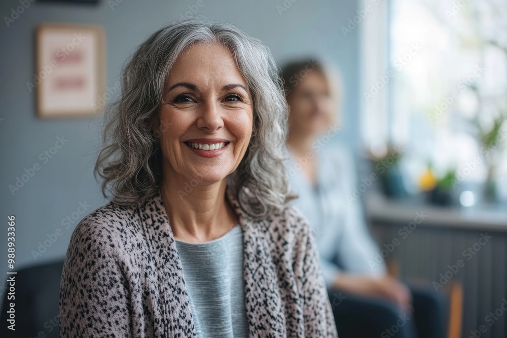 Fototapeta premium Happy senior woman greets her doctor in waiting room at medical clinic, Generative AI