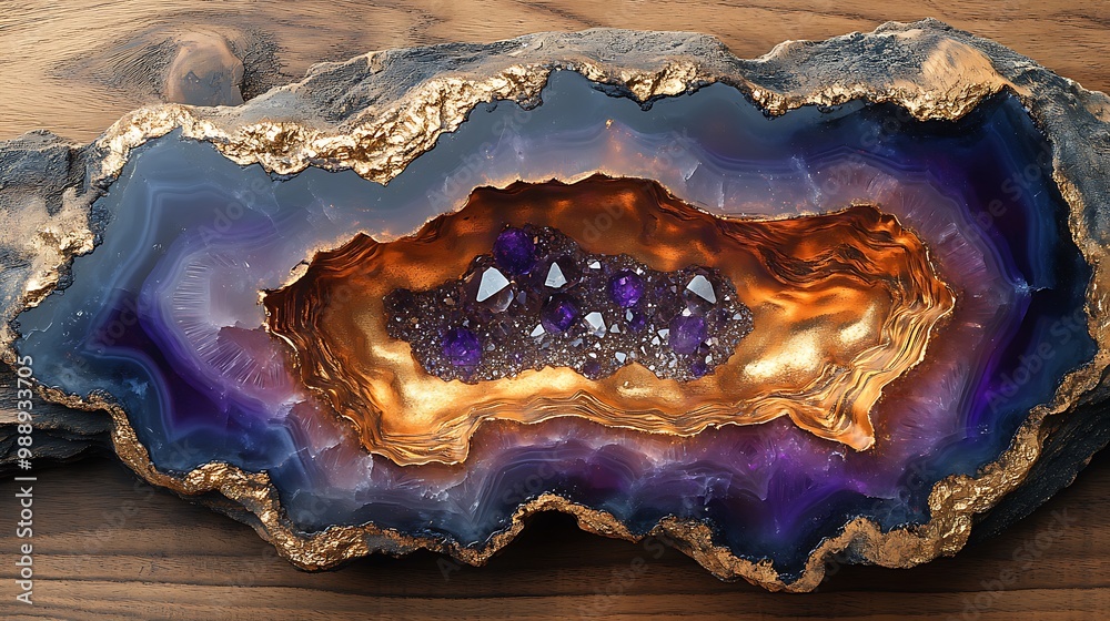 Fototapeta premium Epoxy resin geode design on a wooden table, layers of purple and gold resin encasing a core of sparkling crystals, the resin blending seamlessly with the natural wood grain,