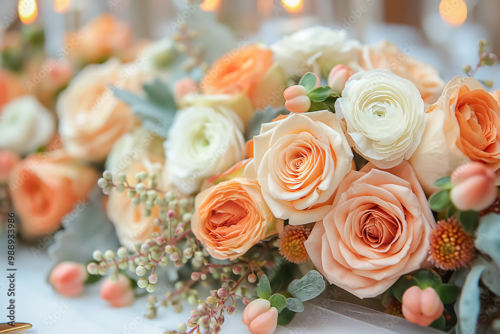 Fototapeta premium オレンジとグリーンを基調とする結婚式のテーブルデコレーションフラワー